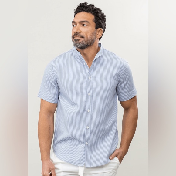 Cozy Earth Other - Cozy Earth Coastal Comfort Mock Neck Short Sleeve Button Down in Ocean Stripe